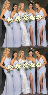 V Neck Sleeveless Long Sky Blue Bridesmaid Dresses Spaghetti Straps MyChicDress
